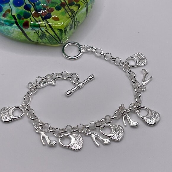 Silver Tone Purses and High Heels Charm Chain Bracelet #1130 - Picture 4 of 6